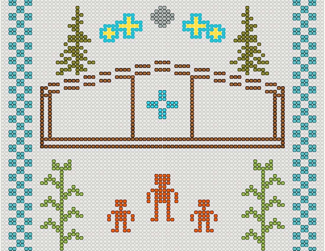 A pixelated design featuring three human-like figures in orange, surrounded by green plants. Two brown trees and blue flowers are at the top, with a brown arch and a blue cross-like pattern in the center. A blue floral border surrounds the design.